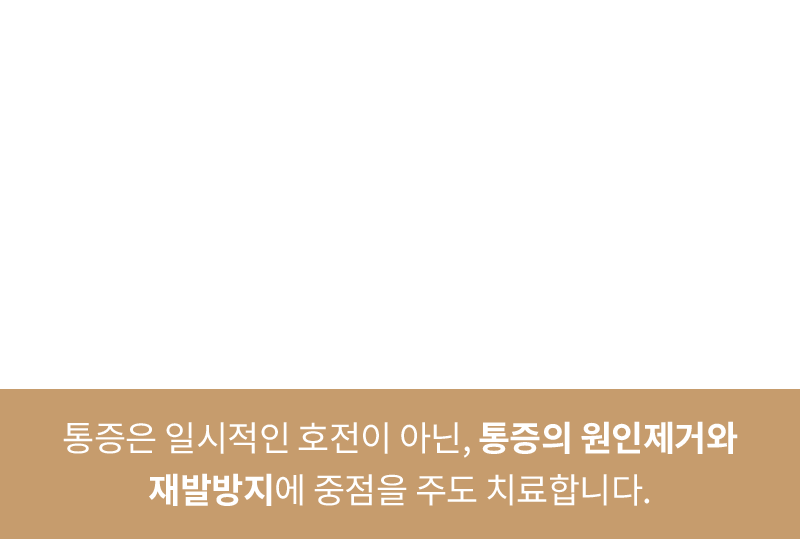 통증은 일시적인 호전이 아닌, 통증의 원인제거와 재발방지에 중점을 주도 치료합니다.