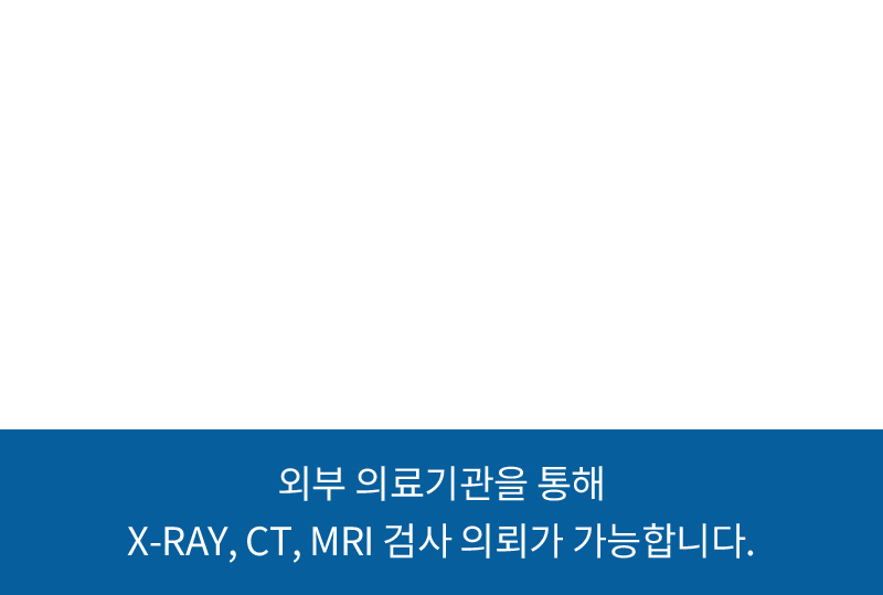 외부 의료기관을 통해 X-RAY, CT, MRI 검사 의뢰가 가능합니다.