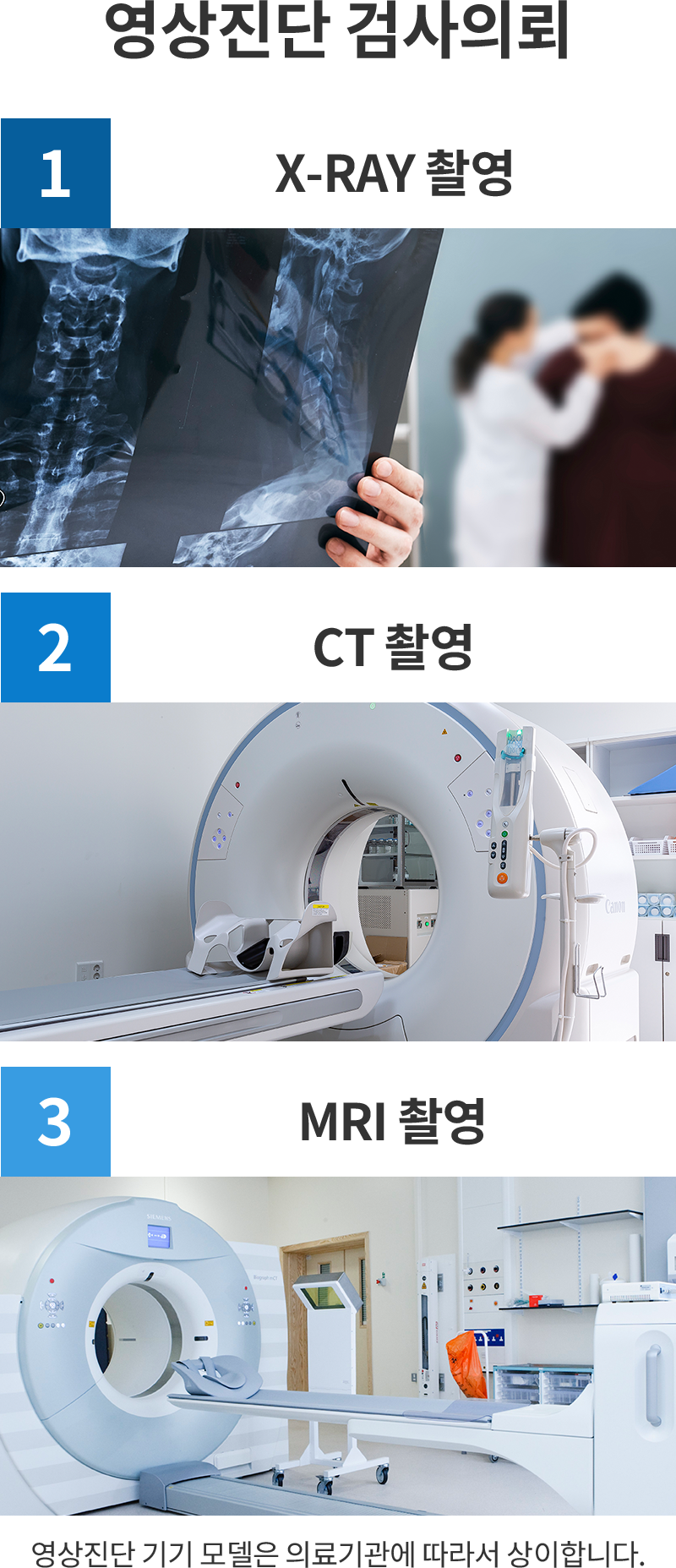 엑스레이 촬영, CT 촬영, MIR 촬영